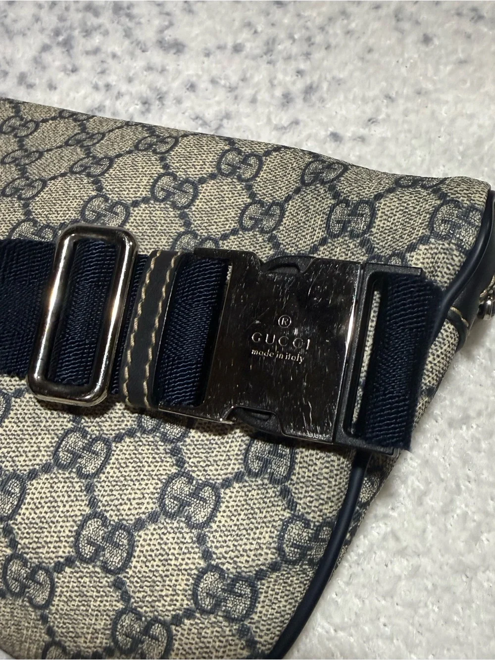 Gucci Brown/Tan GG Canvas Belt Bag with Navy Strap